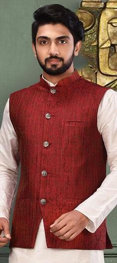 Red and Maroon color Nehru Jacket in Jacquard fabric with Zari work Red Traditional Nehru Jacket For Winter, Traditional Red Nehru Jacket For Winter, Red Nehru Jacket For Festive Winter Occasions, Red Festive Nehru Jacket For Winter, Red Long Sleeve Bandhgala For Winter, Fitted Red Nehru Jacket For Festivals, Red Fitted Nehru Jacket For Festivals, Winter Festive Red Nehru Jacket, Festive Winter Red Nehru Jacket