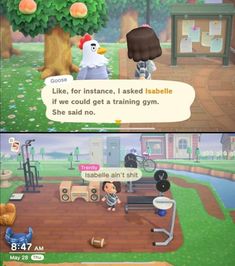 an animal crossing game is shown in two separate screens, one with a chicken on it and