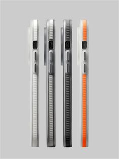 three different types of toothbrushes with orange and white trims on each one