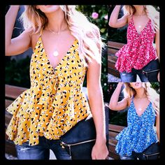 Ruffled Peplum Cami/Tank Preorder Cute V-neck Tank Top For Spring, Multicolor Sleeveless Blouse Tank Top For Day Out, Chic Floral Print Tank Top For Vacation, Chic Floral Print Tank Top For Beach, Flirty Sleeveless Tank Top For Beach, Flirty Cami Top For Summer, Trendy Floral Print Tank Top For Vacation, Flirty Cami Tank Top For Summer, Spring Sleeveless Camisole For Brunch