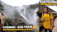 a man standing next to a train near a waterfall