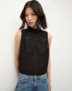 Guipure Lace Top, Mock Neck Tank, Plus And Minus, Black Lace Tops, Veronica Beard, Lace Design, Black Tank, Lace Tops, Stretch Cotton