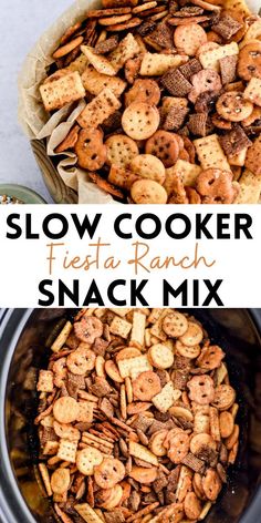 slow cooker fiesta ranch snack mix in a crock pot with text overlay