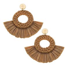 DETAILS: Base Metal with Worn Gold Plating Raffia 2.75" Length Rattan Fan, Handmade Jewelry Tutorials, Weekly Outfits, Knitted Coat, Brown Canvas, Earrings Color, Jewelry Tutorials, Base Metal, Aspen