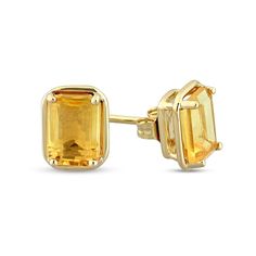 Show your lively personality with the vibrant color of these emerald-cut yellow citrine outline frame stud earrings in yellow gold. Crafted in 14K gold Each earring showcases a 7.0 x 5.0mm emerald-cut golden yellow citrine glistening inside a polished frame. Citrine is the traditional birthstone for November and is said to bring hope, health and fidelity. These post earrings secure comfortably with friction backs. Citrine Earrings Gold, Engagements Ring, Chanel Loafers, Citrine Earrings Studs, Gold Earrings For Women, Citrine Earrings, Yellow Gold Earrings, Peoples Jewellers, Yellow Citrine