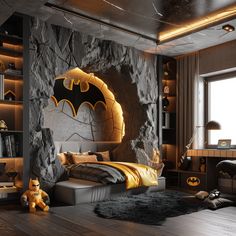 a batman themed bedroom is shown in this image