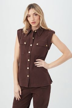 KAYA TOP Casual Work Vest With Flap Pockets, Utility Vest With Flap Pockets For Work, Sleeveless Workwear Vest With Patch Pockets, Sleeveless Vest With Patch Pockets For Work, Brown Tops With Patch Pockets For Work, Brown Workwear Tops With Patch Pockets, Sleeveless Utility Top With Pockets, Utility Sleeveless Tops With Pockets, Utility Cotton Sleeveless Tops