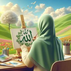 a woman in a green shawl painting on an easel next to a field