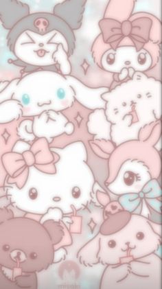 a group of hello kitty wallpapers in pink and white