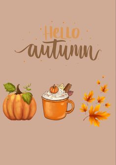 an autumn card with pumpkins, leaves and a mug filled with whipped cream on top