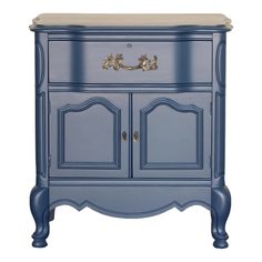 a blue cabinet with two doors and an ornate handle on the top, in front of a white background