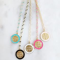 A pop of color always makes an outfit stand out! Pick your favorite color these quarter-size coins that have the Benedictine cross on them surrounded by an enamel color hangs off of a beautiful delicate beaded necklace—measuring 16 inches. Being blessed is beautiful and what we are with the love of God. And blessed is she who believed that there would be a fulfillment of what was spoken to her by the Lord. Luke 1:45 Blessed Is She Who Believed, Luke 1 45, Pinky Promise Ring, Preppy Jewelry, Blessed Is She, Beach Stuff, Luke 1, The Love Of God, Love Of God