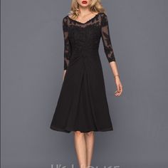 Lace And Chiffon Dressy Black Dress. Great For Weddings And Other Special Occasions. Bust Size 36.50” Waist 29.50”. Knee Length Size 10. 100% Polyester. Do Not Wash Nor Dry Clean. Spot Clean Only. Fitted Chiffon Mother Of The Bride Dresses, Sheer Sleeves Chiffon Cocktail Dress, Fitted Chiffon Dress For Mother Of The Bride, Knee-length Chiffon Dresses With Sheer Sleeves, Chiffon Midi Dress For Wedding, Elegant Flowy Mother Of The Bride Dress For Party, Elegant Chiffon Mother Of The Bride Evening Dress, Wedding Midi-length Chiffon Dress, Chiffon Midi Length Wedding Dress