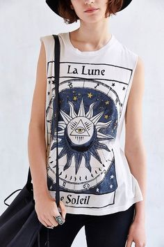 Title Unknown La Lune Foiled Muscle Tee Boxy Shirt, White Sleeveless, Sleeveless Tshirt, Print Tank, Printed Tank Tops, Fashion Tees, Summer Women, Cool Shirts, Style Casual