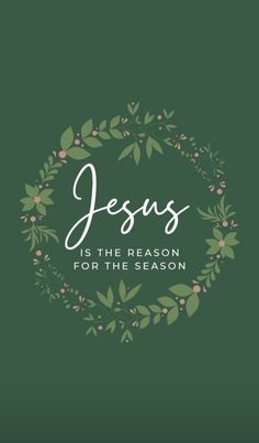 the words jesus is the reason for the season on a green background with leaves and berries