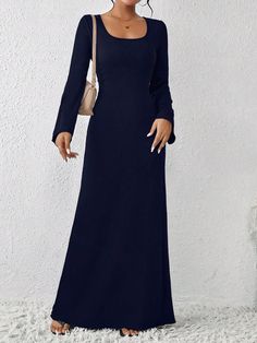 Elegant Extra Long Women's Dress Navy Blue Casual  Long Sleeve Knitted Fabric Plain A Line Slight Stretch  Women Clothing, size features are:Bust: ,Length: ,Sleeve Length: Shein Dress Maxi, Maxi Dress For Short Women, Black Long Sleeve Maxi Dress, Blue Anarkali Dress, Navy Blue Anarkali, Long Sleep Dress, Marine Dress, Navy Blue Long Dress, Navy Blue Maxi Dress