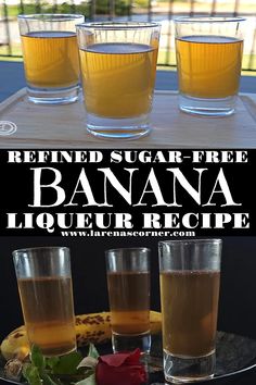 Two pictures of banana liqueur. One outside and one in the dark with a banana and red rose in the background. How To Make Banana Extract, What Is Simple Syrup, Banana Liqueur, Gluten Free Alcohol, Chicken Wing Sauces, Bbq Chicken Wings, Liqueurs Recipes, Cream Liqueur, Pinterest Ideas