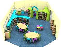 a room with tables, chairs and bookshelves filled with children's toys