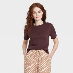 Women's Short Sleeve T-shirt - A New Day™ : Target Western Office Outfits, Western Office, Neutral T Shirts, Striped Tops Women, Brown T Shirt, Basic White Tee, Perfect White Tee, Crewneck Style, Shopping Wishlist