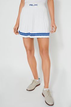 Ceramic White Cotton Coolmax Pleated Skirt Sporty White Pleated Skirt, Sporty White Pleated Tennis Skirt, White Pleated Sports Bottoms, Blue Tennis Bottoms, White Athleisure Pleated Skirt Bottoms, White Pleated Skirt Bottoms In Athleisure Style, White Pleated Skort For Sports, White Spring Golf Bottoms, White Bottoms For Golf In Spring