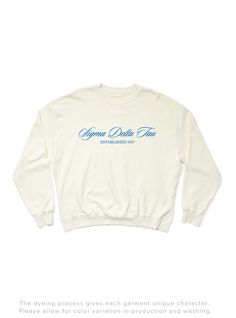 a white sweatshirt with blue writing on it