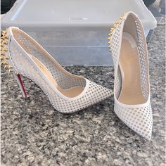 Gorgeous White Mesh And Studded Heels Never Worn 4 Inch Heel Size 36 Designer Spiked Pointed Toe Heels, Designer Spiked Heels With Pointed Toe, Designer Heels With Spikes And Pointed Toe, Elegant Gold Heels With Spikes, Brown Dr Martens, Red Crocs, Manolo Blahnik Sandals, Lug Boots, Knee High Heels