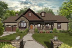 this is an artist's rendering of a house in the country style with stone and wood accents