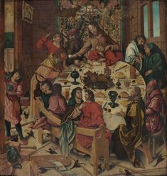 an old painting with people around a table