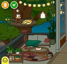 the room is decorated with plants and lights