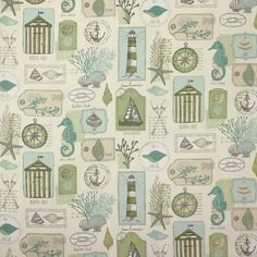 a green and white wallpaper with sea animals, lighthouses and other things on it