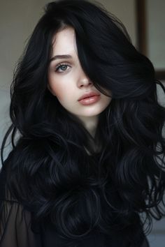 Black Hair Color Pale Skin, Soft Side Bangs Long Hair, Cute Hairstyle Wavy Hair, Best Hair Color For Black Eyes, Purplish Blue Hair, Gothic Woman Aesthetic, Dark Brown Hair Women, Different Shades Of Black Hair, Long Hairstyles Black Hair