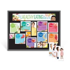 a woman standing next to a black board with pictures on it and the words healthy eating is