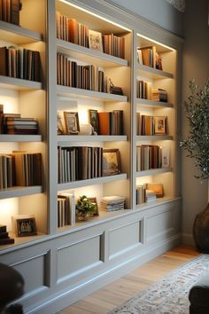 a living room filled with lots of books on white shelving unit units next to a window