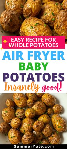 air fryer baby potatoes recipe with text overlay