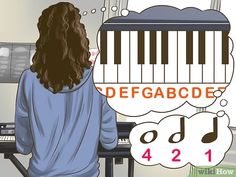 a woman sitting at a piano with an odd thought bubble above her head that says deffababcde