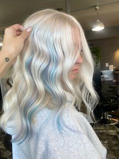 platinum blonde with blue hair Platinum And Blue Hair, Blonde With Blue Hair, Icy Blue Highlights, Light Blue Hair Dye, Blonde Blue Hair, Blue And Blonde Hair