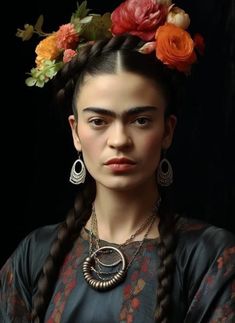 a woman with braids and flowers in her hair, wearing an ornate head piece