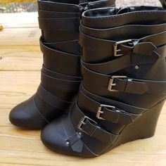 Comfy Black Round Toe Wedge Boots For Spring, Black Closed Toe Wedge Boots For Spring, Black Casual Closed Toe Wedge Boots, Casual Black Wedge Boots For Spring, High Heel Boots Ankle, Swag Shoes, Boots Ankle, Pretty Shoes, Heel Boots