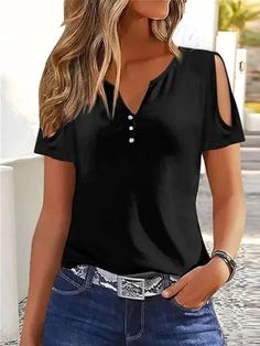 🚚FREE Shipping on orders over $60 ✨ use Code: "Mylook" for Extra Discount at checkout ﻿- 📏Sizing: run a little small 📏 Selling Points 1. Gender: Women's 2. Neckline: V Neck 3. Design: Cut Out 4. Sleeve Length: Short Sleeve Specifications Gender: Women's, Style: Basic, Occasion: Weekend, Daily, Tops Type: T shirt Tee, Neckline: V Neck, Fabric: Polyester, Design: Button, Cut Out, Sleeve Length: Short Sleeve, Elasticity: Micro-elastic, Look After Me: Machine wash, Wet and Dry Cleaning, Washable, Off Shoulder V Neck, Tank Top Sewing Pattern, Trendy Tank Tops, Crochet Top Outfit, Pattern Outfits, Summer Tank Dress, Green Plain, Dress Drawing, Tank Top Dress