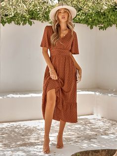 Look effortlessly stylish with the Sweetest One Poppies Maxi Dress. This brick tone maxi dress features a soft and lightweight fabric for an elegant, flattering look. Short sleeves and a high waist add an extra touch of sophistication. Size Guide: Tina is 5’65” tall, and has a 33.6” bust, 24.1” waist, & 35.2” hips. She is wearing a S / US 4 / AU 8. This dress is true to size. Material: 100% Polyester. Feature: V-neckline. Maxi length. Short Sleeve. Maternity friendly. Care Instructions: Machine Elegant Casual Dresses, Long Skirt Summer, Boho Midi Dress, Ruffle Midi Dress, Short Sleeve Maxi Dresses, Ruffle Sleeve Dress, Elegant Casual, Solid Color Dress, Styl Boho