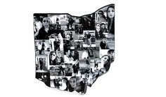 a black and white photo collage of people in the shape of a map with many pictures on it