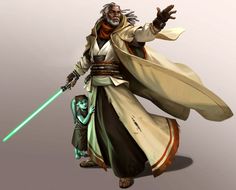 a character from star wars with a green light saber in his hand and a white robe on