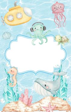 an underwater scene with sea animals and a blank sign