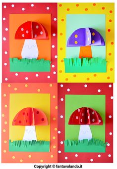 four different pictures of mushrooms made out of paper with polka dots on the bottom and top