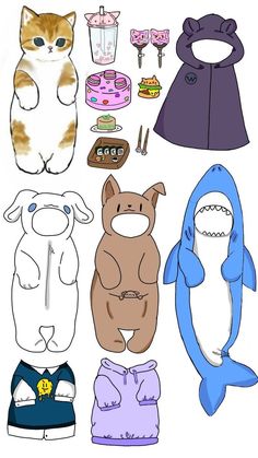 paper cut outs of cats and shark costumes