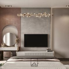 a bedroom with a large tv mounted on the wall