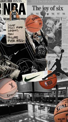 collage of basketballs and sports related items in black and white, including newspaper clippings