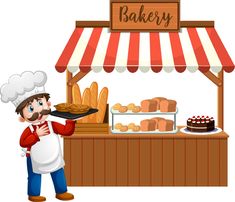 a baker at the bakery holding a tray with baked goods on it and an orange striped awning