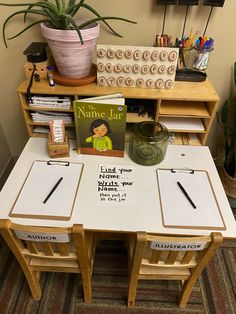 a table with some books on it and a plant in the corner next to it