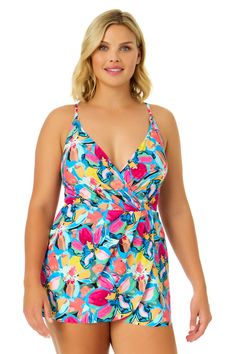 Amalfi Floral Swim Dress With Skirted Swim Bottom – Anne Cole Multicolor Tankini With Built-in Bra For Beach, Lined Tankini For Beach Season Vacation, Multicolor Tankini With Built-in Bra For Swimming, Lined Tankini For Vacation And Beach Season, Printed V-neck Tankini For Beach Party, Summer Vacation Tankini Lined, V-neck Lined Tankini For Vacation, Beach Party Lined Tankini, Tropical Multicolor Swimwear With Built-in Bra